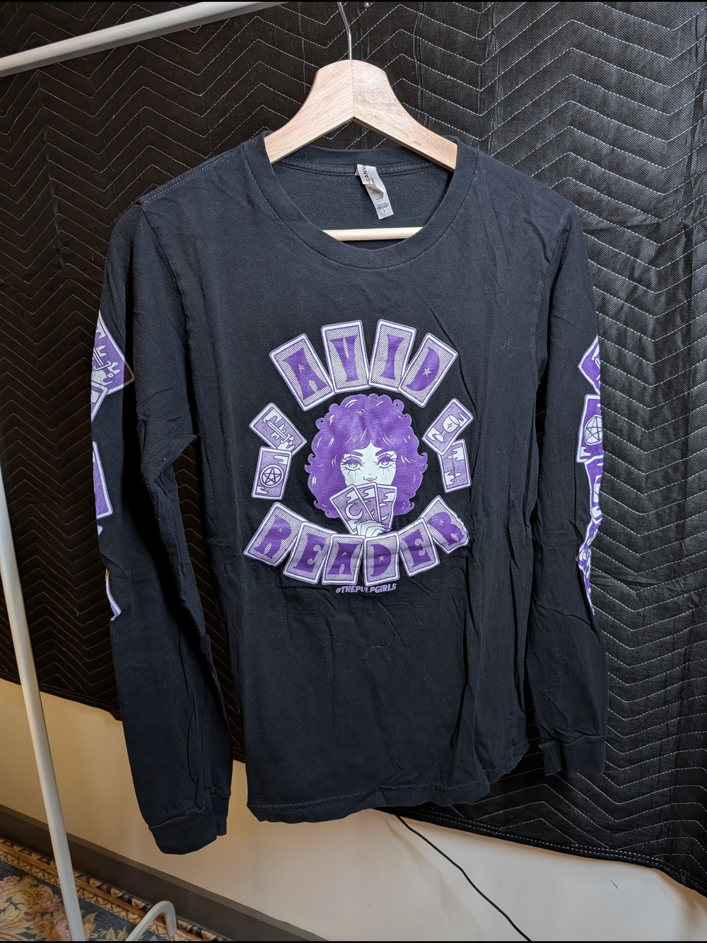 The Pulp Girls Tarot Avid Reader Black Long Sleeve Tee with Purple Graphic